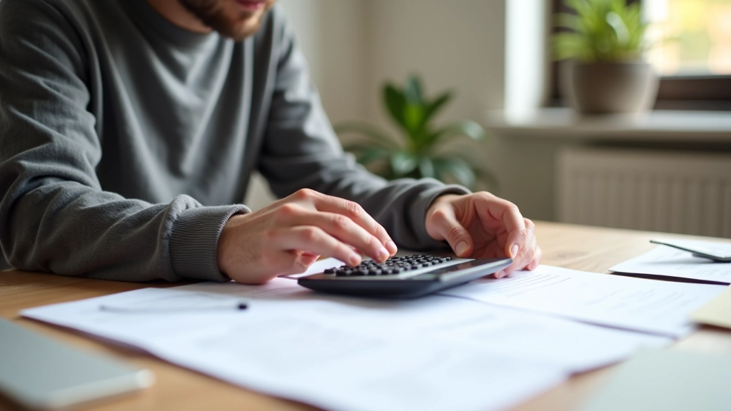 Personne utilisant une calculatrice pour examiner les factures mensuelles d'abonnement